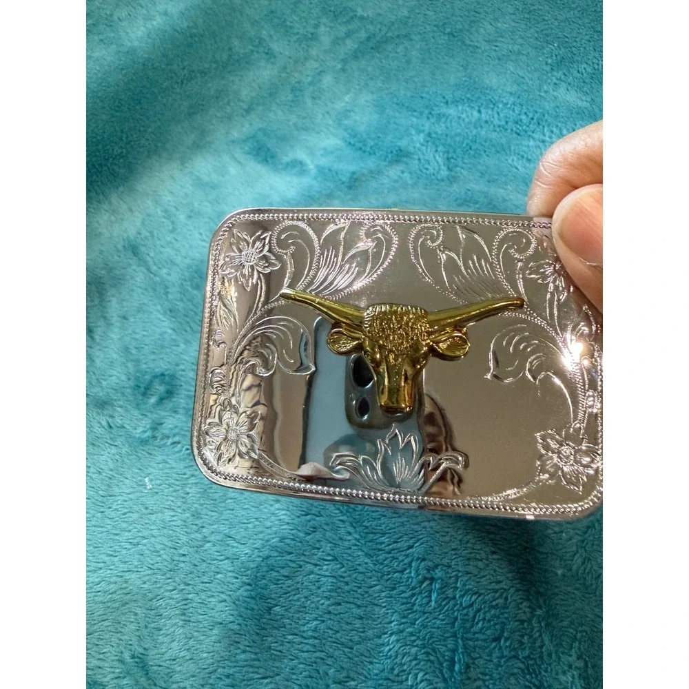 Western Longhorn Bull Belt‎ Buckle Silver Gold Tone Engraved Floral Rodeo Large